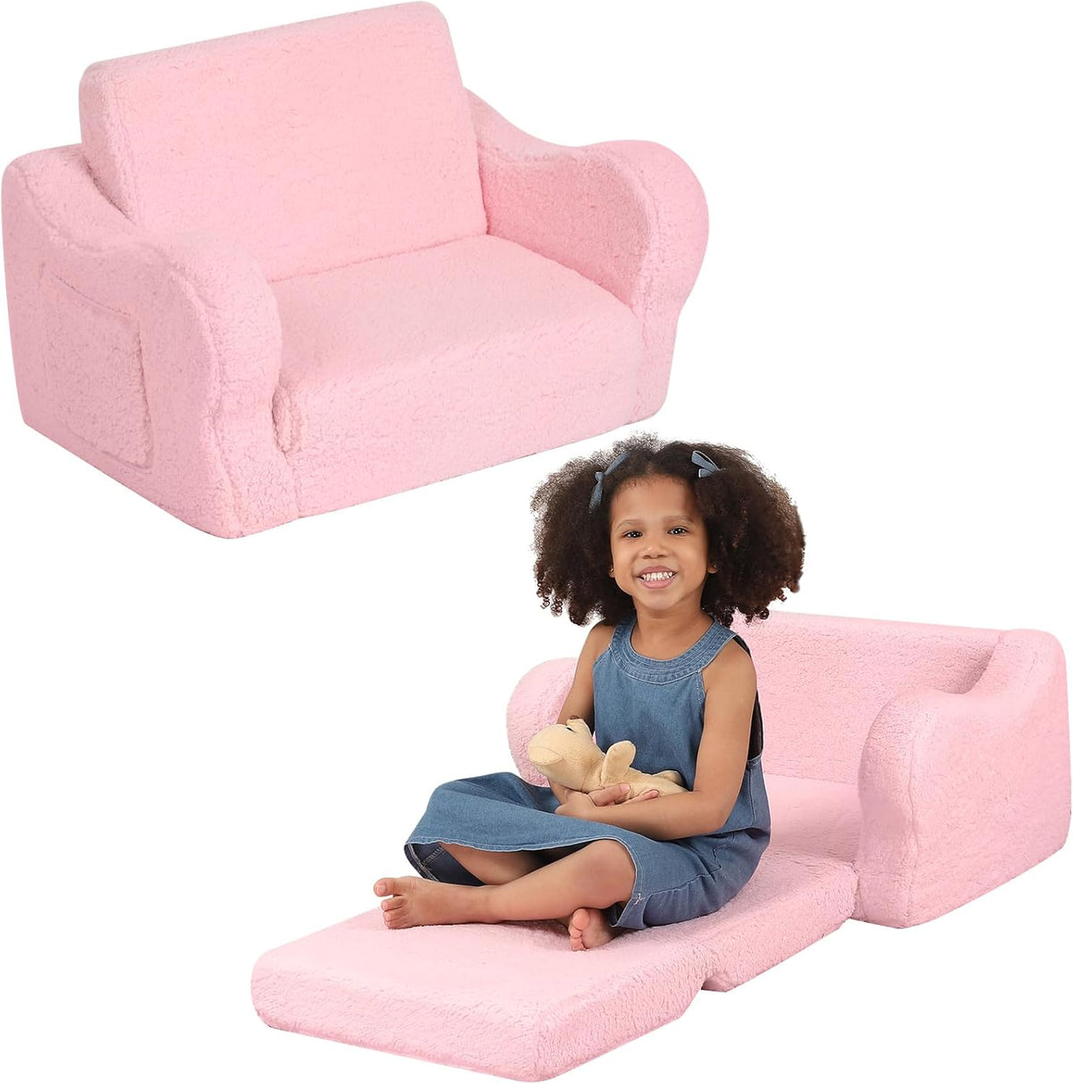 Comfy Toddler Chair, 2-in-1 Toddler Couch Fold Out, Convertible Sherpa Sofa to Lounger for Boys & Girls, Pink