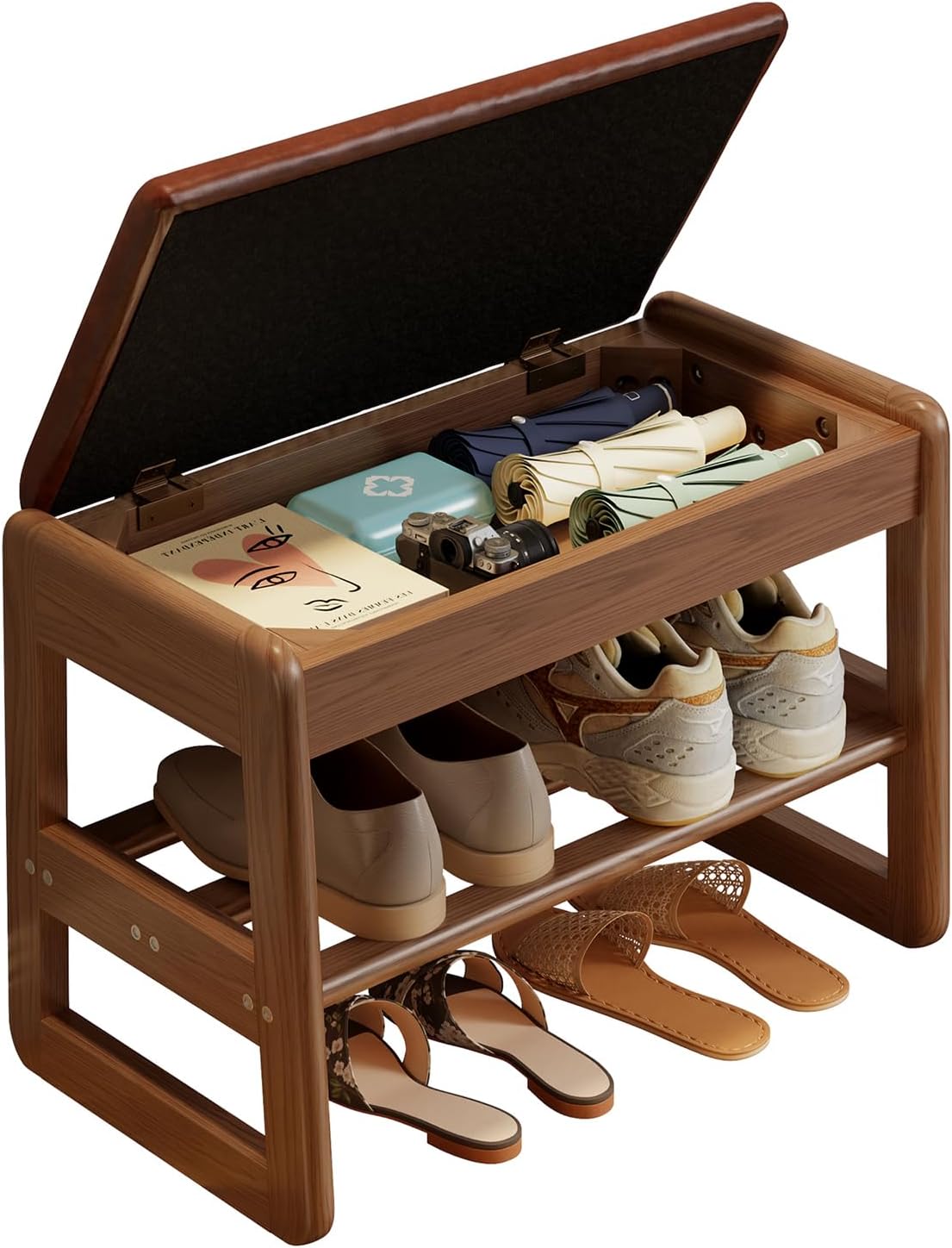 Small Shoe Bench with Leather Cushion,2 Tiers Shoe Rack Bench with Flip-Top Storage,Wood Shoe Rack for Entryway（Orange,23.62"）