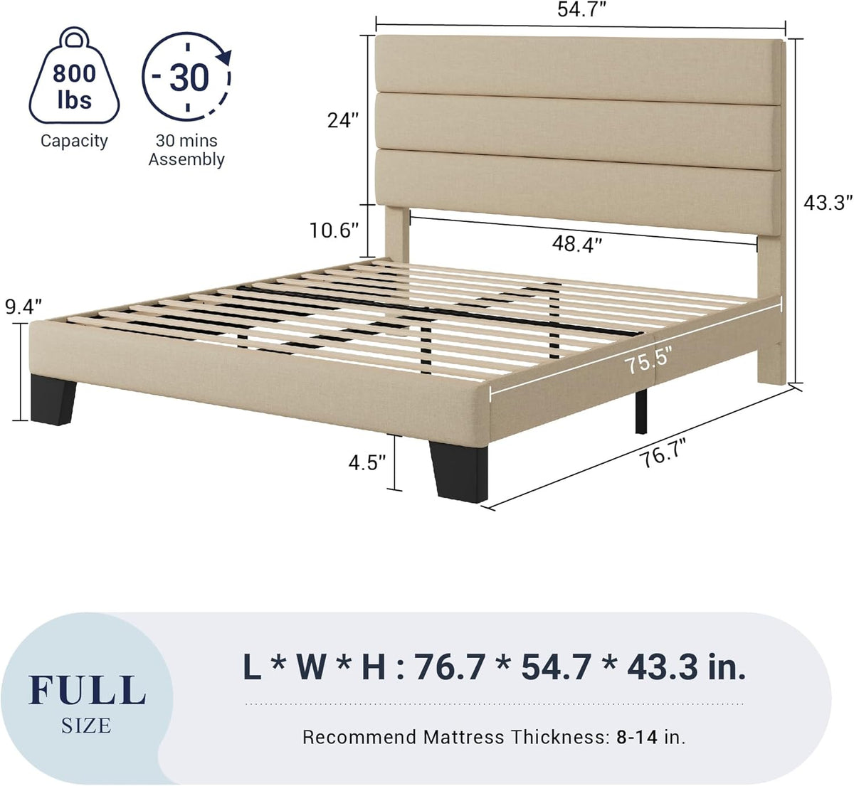 Allewie Full Size Platform Bed Frame with Fabric Upholstered Headboard and Wooden Slats Support, Fully Upholstered Mattress Foundation/No Box Spring Needed/Easy Assembly, Beige