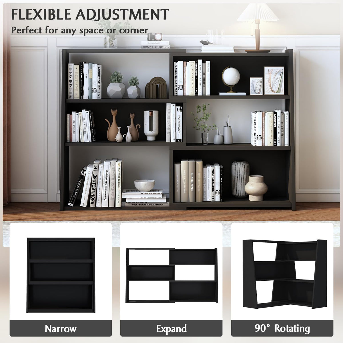IOTXY Wooden Extendable Shelf Bookcase - 3-Tier Ladder Low Short Bookshelf for Small Space or Corner, Black, L