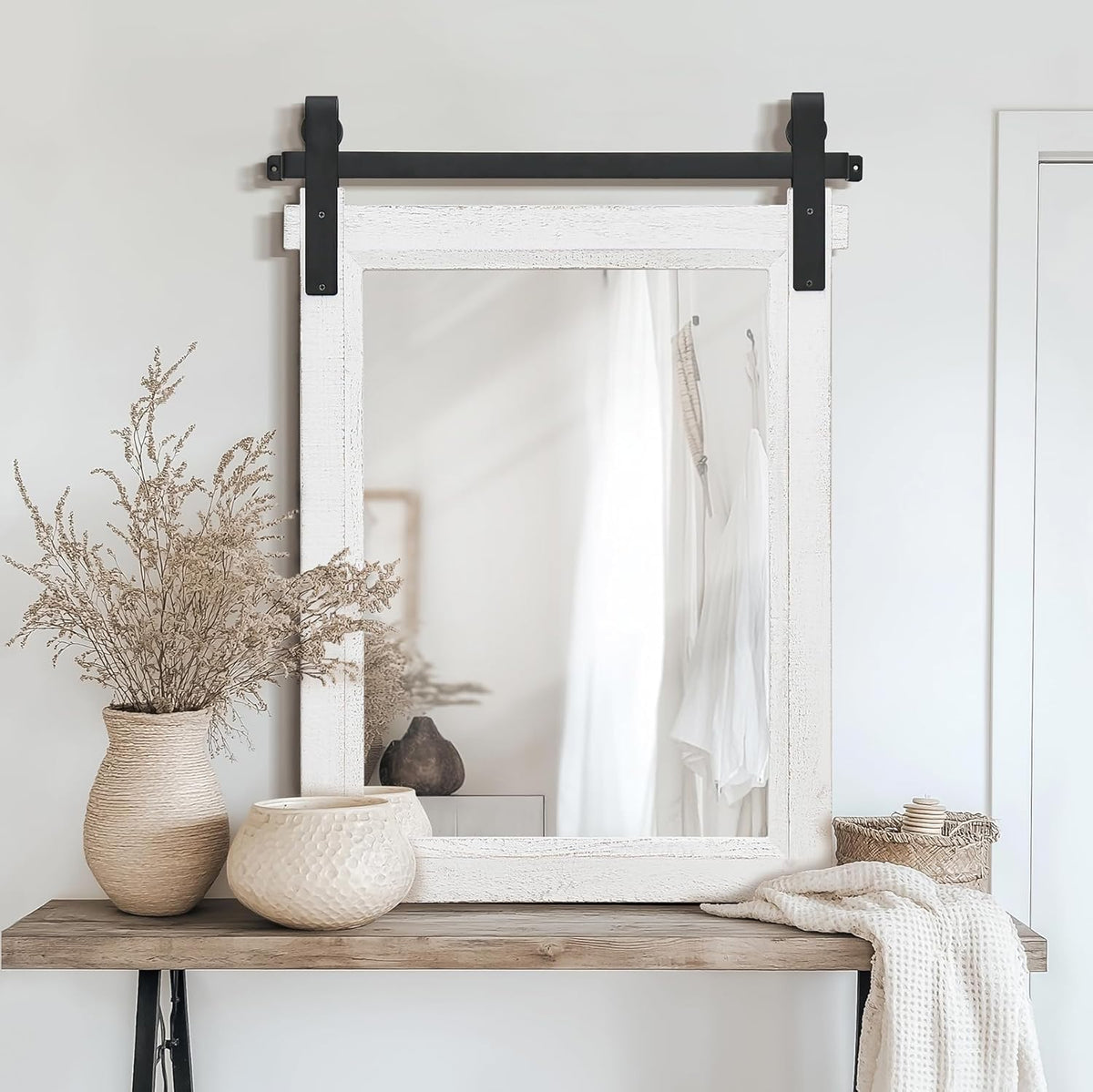 Farmhouse Barn Door Mirror: 22"x30" White Rustic Wood Frame Mirror for Wall - Home Decor for Entryway/Bathroom/Living Room