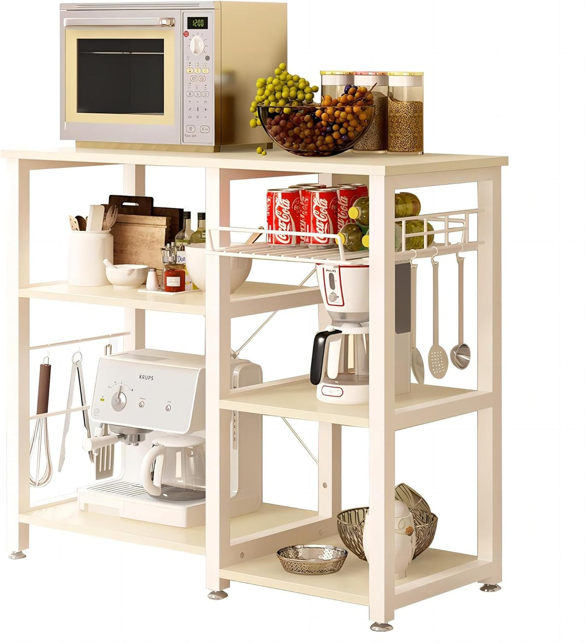 soges Kitchen Bakers Rack with 5 Hooks, Microwave Stand, Coffee Bar Station, Industrial Storage Shelf with Wire Basket, Adjustable Feet, Sturdy Metal Frame for Kitchen, Pantry, Living Room, White Oak
