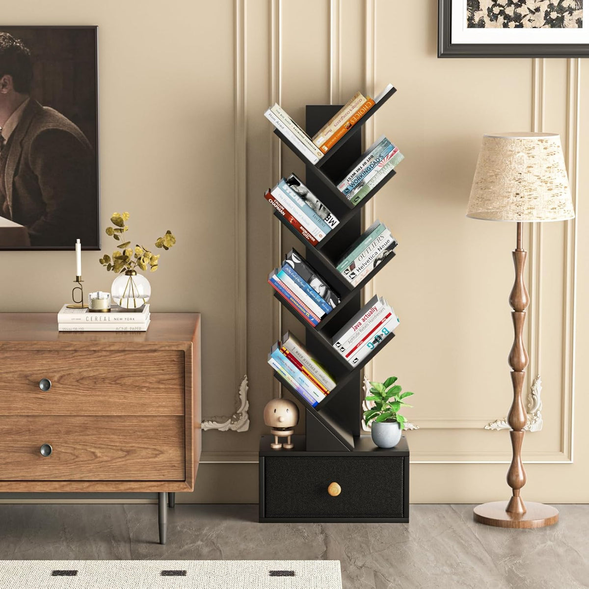 8 Tier Tree Bookshelf with Drawer, Free Standing Wood Bookcase for Living Room, Bedroom, Home Office, Space Saving Storage Organizer Bookshelves for Books, CDs, Vinyl Records- Black