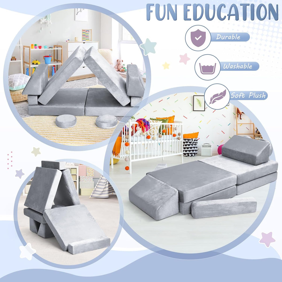 10Pcs Kids Play Couch,Toddler Sofa,Modular Kids Couch for Playing, Creativing, Sleeping (Grey)