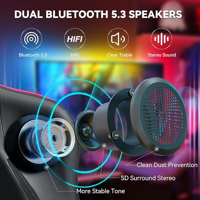 HOFFREE Gaming Chair with Speakers Massage Computer Gaming Chair with Pocket Spring Cushion for Adults Reclining Gamer Chair with Bluetooth Video Game Chairs with Footrest Pink and Black