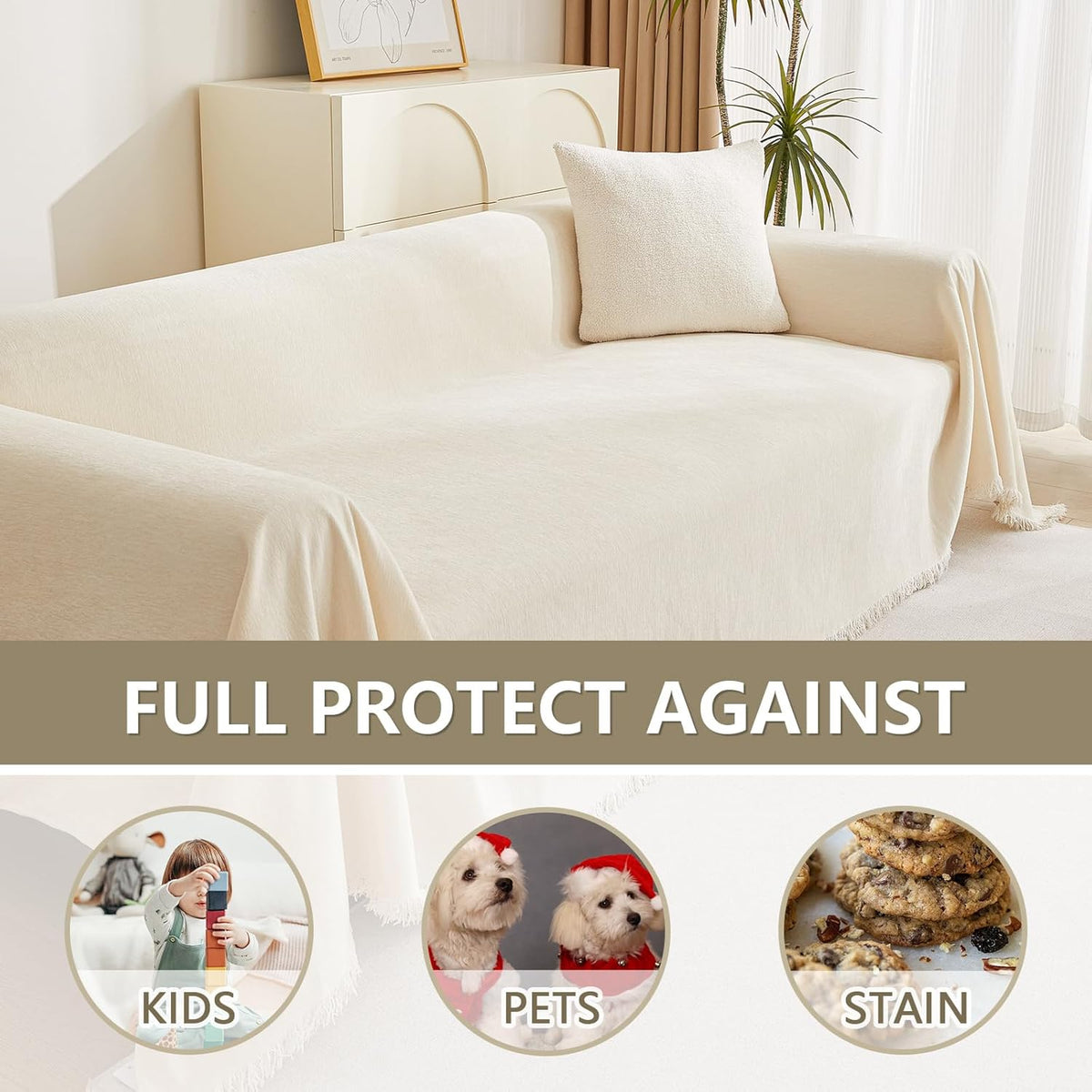 MYSKY HOME Couch Cover for Pets Beige Couch Covers for 3 Cushion Couch Sofa Couch Cover Sectional L Shape Chenille Couch Cushion Covers for Pets, Throw Couch for Dogs, Kids, 71" X150"