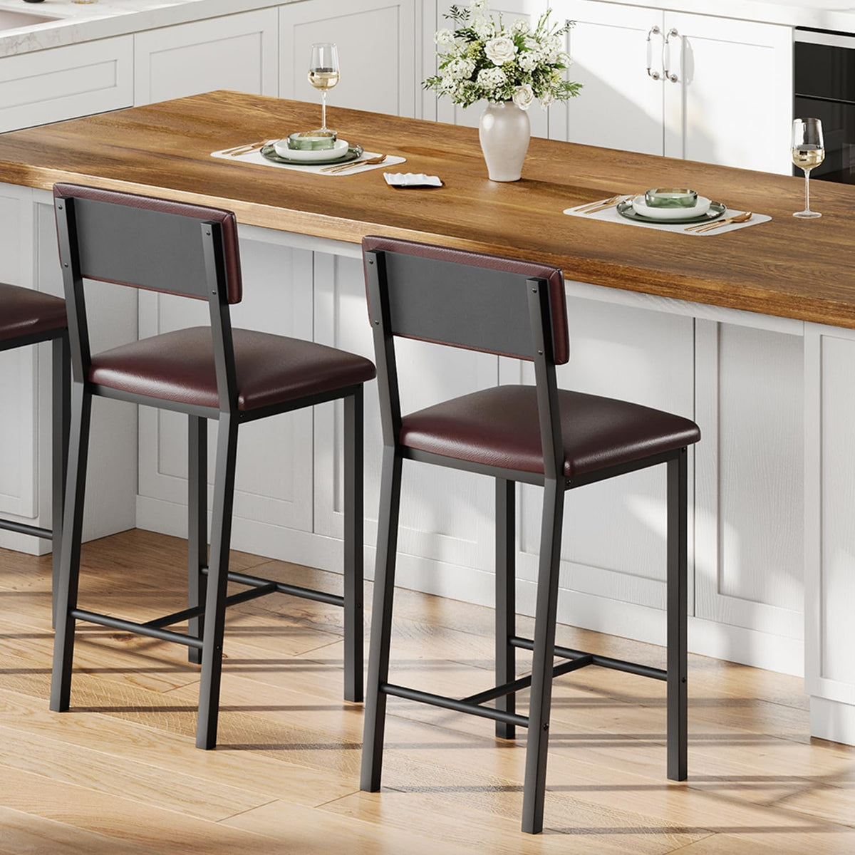 GarveeHome Bar Stools Set of 2, Counter Stools with Back and Thickened Metal Legs, Upholstered PU Leather Counter Height Barstools with Footrest, for Kitchen Island, Bar, Dark Brown