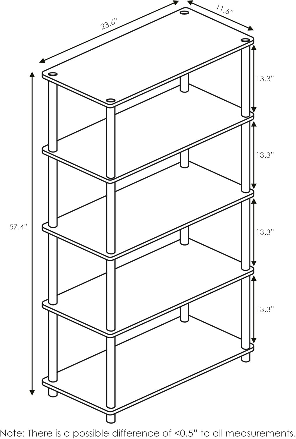 Furinno Turn-N-Tube 5-Tier Multipurpose Shelf / Display Rack / Storage Shelf / Bookshelf, Round Tubes, Beech/White