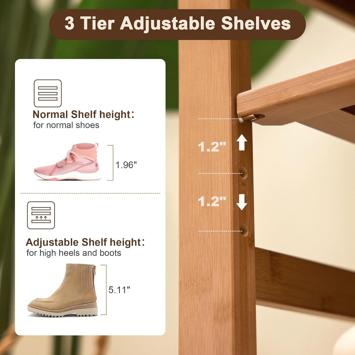 47.2 in Shoe Rack Bench with Cushion, 3 Tier Bamboo Entryway Bench with Storage for Entryway, Hallway, Bedroom, Living Room