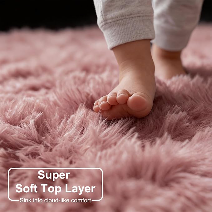 Amdrebio Blush Fluffy Round Rug 4Ft