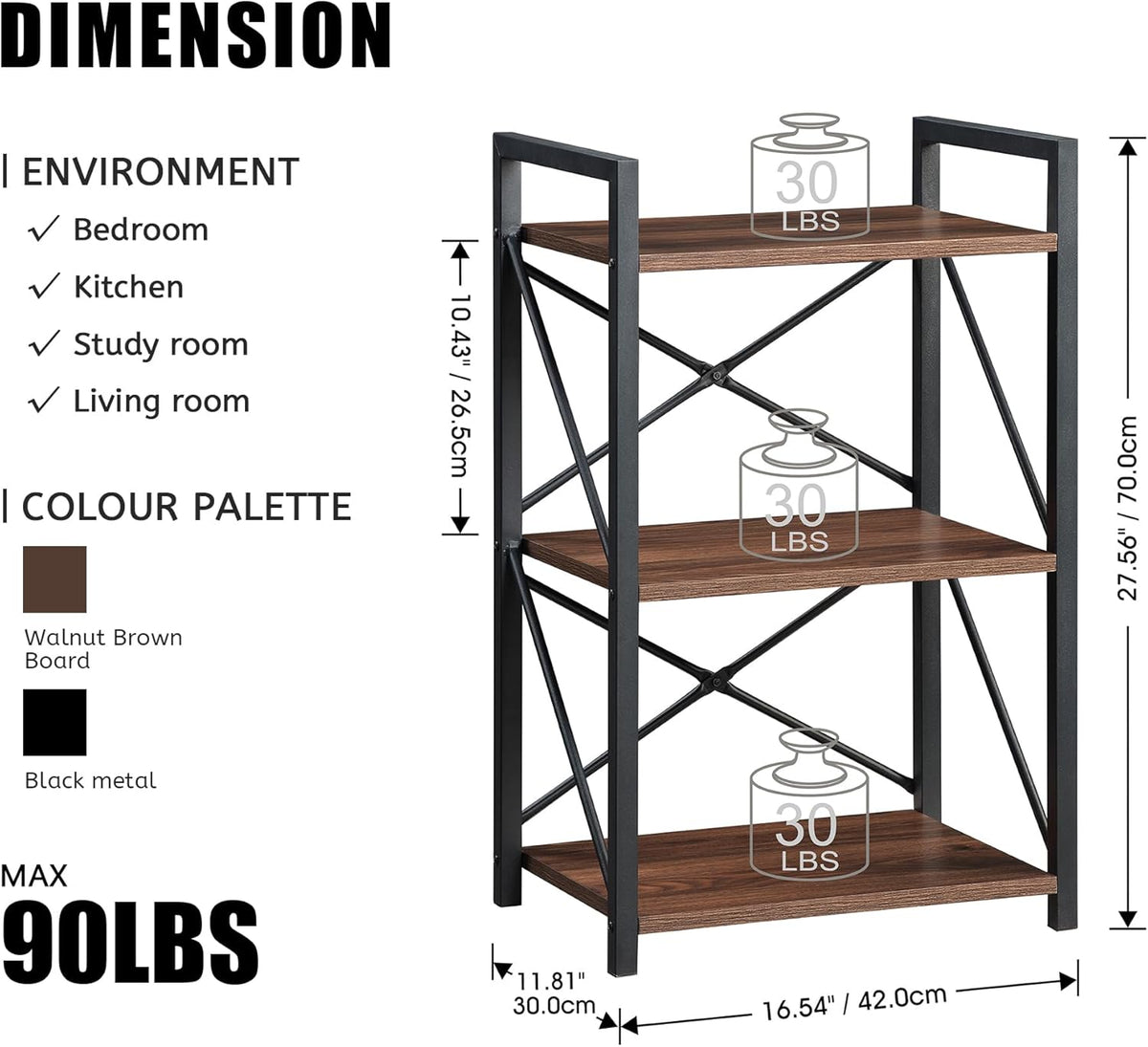 3 Tiers Bookshelf, Home Office Bookcase Shelf Storage Organizer for Bedroom, Living Room and Home Office, Walnut Brown(Small)