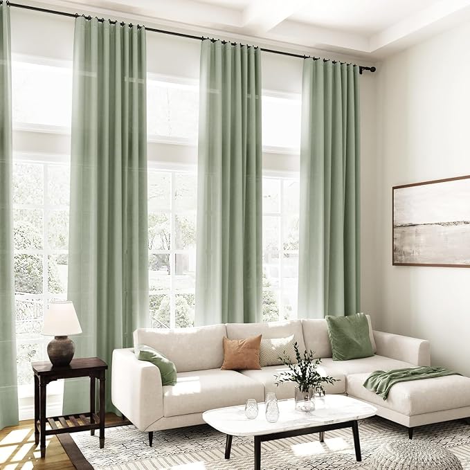 Desert Sage Linen Curtains for Living Room 100 Inches Long Light Filtering Semi