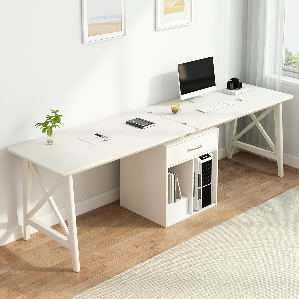 2-Person Desk with Storage Cabinet - 94" Wooden Extra Long L Shaped Table, Double Work Study Computer Workstation for Home Office, White, 94" W x 24" D