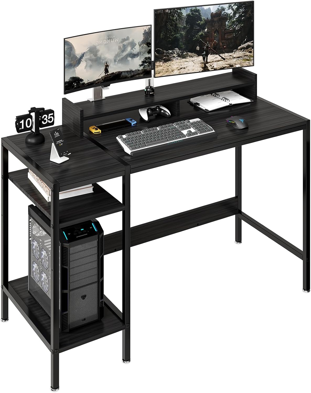 Computer Gaming Desk with Monitor Stand, Home Office Desk Suitable for 2 Monitors, Writing Desk with Adjustable Storage Space,Sturdy and Durable Modern Small Desk (Black, 47 inchs)