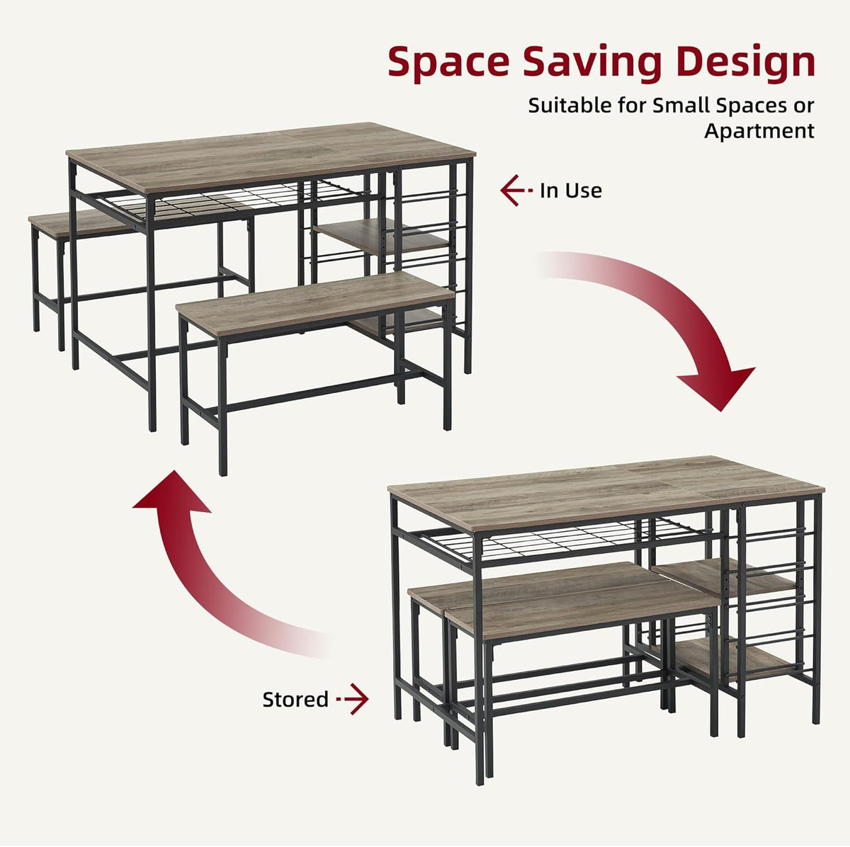 IDEALHOUSE Dining Table Set for 4, Kitchen Table Set for 4 with 2 Benches, Rectangular Dining Room Table Set with Wine Rack, 3 Piece Dining Table Set for Small Space Apartment, Grey