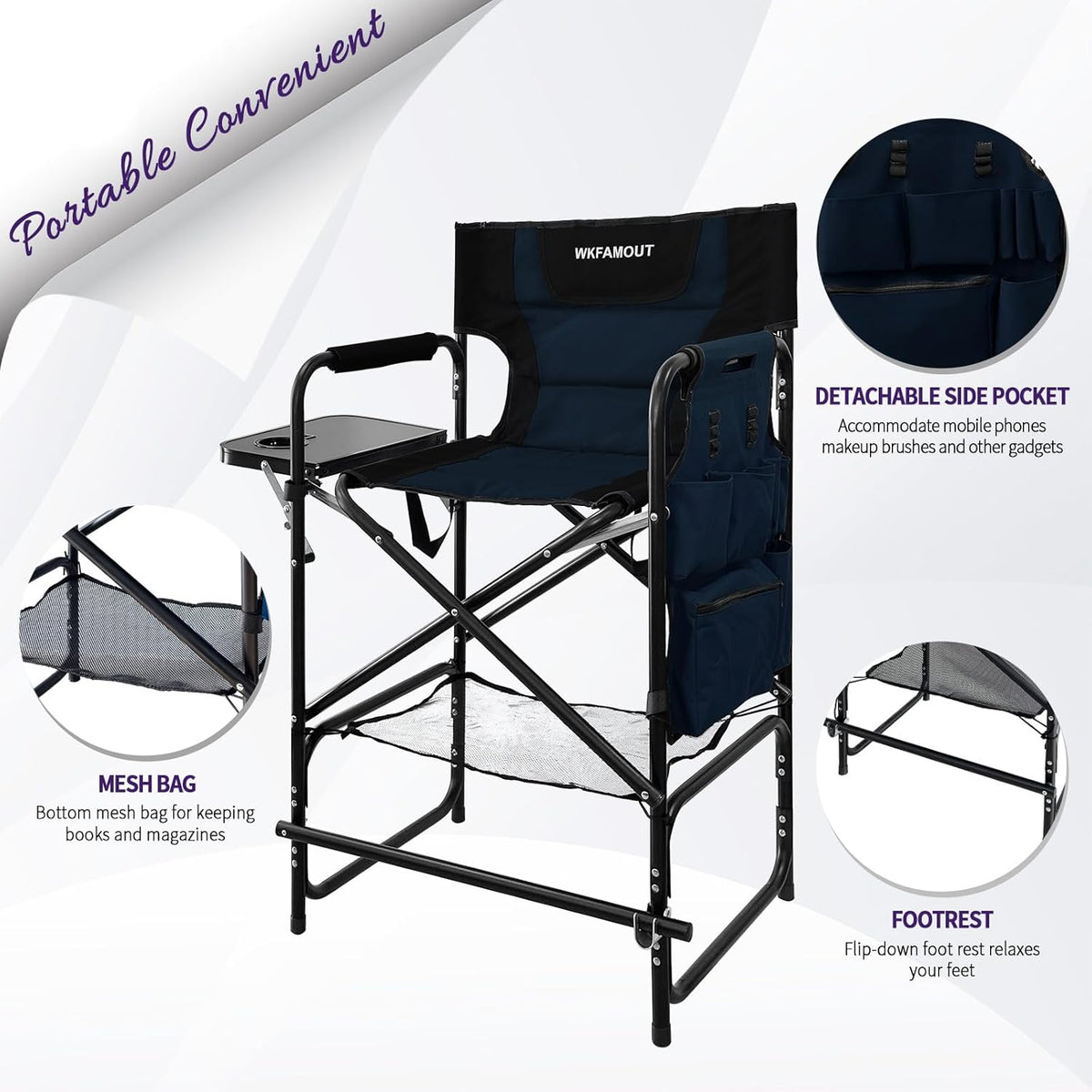 Tall Folding Directors Chair with Side Table 30.71" Seat Height Foldable Camping Chair Bar Stool for Makeup Artist Face Painting with Footrest and Storage Pocket Supports 350LBS