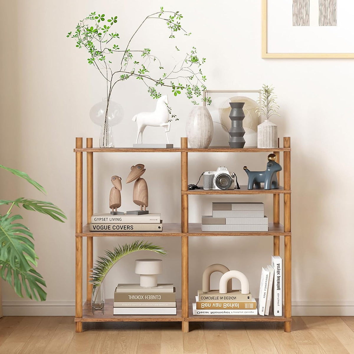 YGYQZ Wooden 3 Tier Storage Shelf, 5 Cube Short Small Book Shelf Simple and Natural Style Display Cubby Vertical Organizer Wood Open Storage Organizer for Small Space