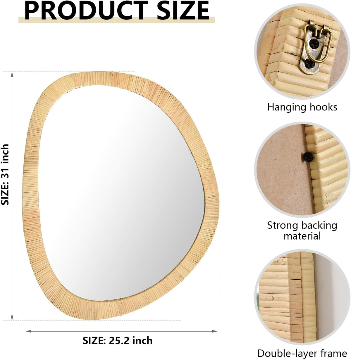 H HOMEWINS Rattan Mirror for Wall,31.5'' x 25.2" Wooden Framed Farmhouse Boho Wicker Coastal Irregular Vanity Mirror for Bathroom Living Room Entryway
