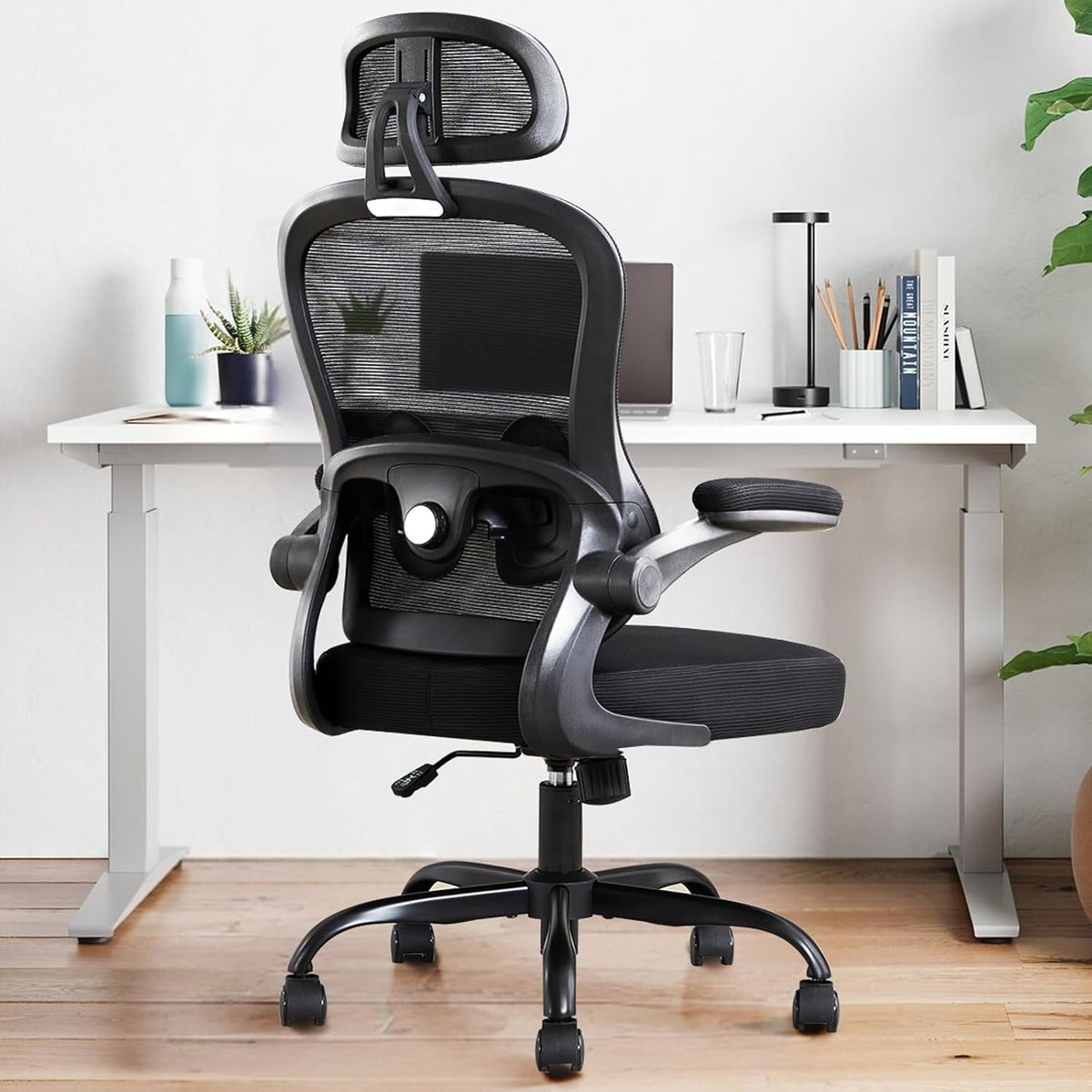 Ergonomic Office Chair,Ultra Thick Office Desk Chair with Adjustable Lumbar Support and Headrest,Spring Cushion,Rocking Function,Flip-up arms,Mesh Computer Chair for Home Office,Black