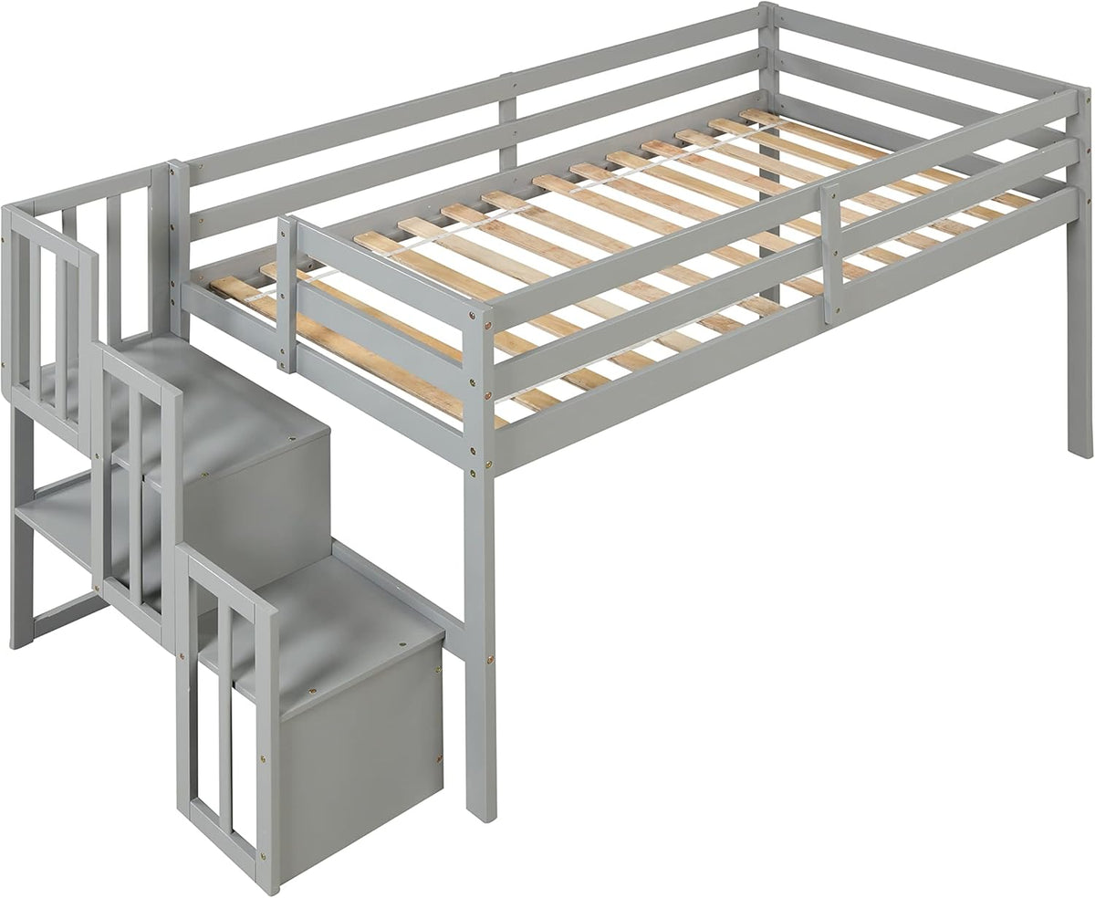 HomSof Loft Bed with Stairs and Storage,Gray