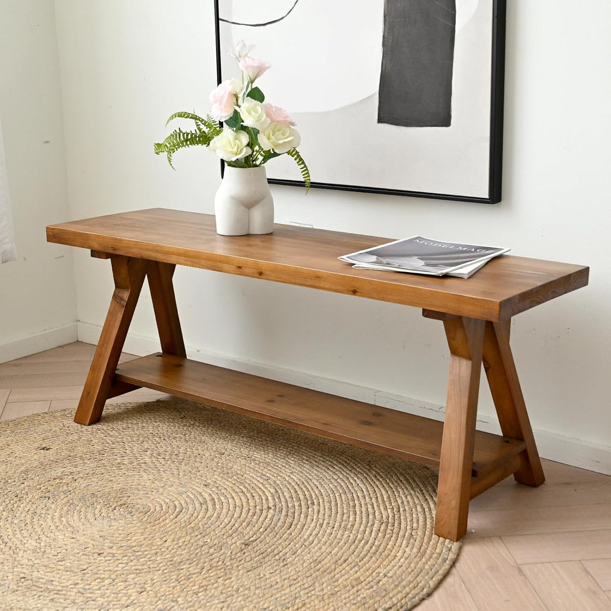 43 Inch Farmhouse Storage Bench, Rustic Solid Wood Entryway Bench for Living Room, Dining Room, Hallway | Indoor Seating with Natural Wood Finish