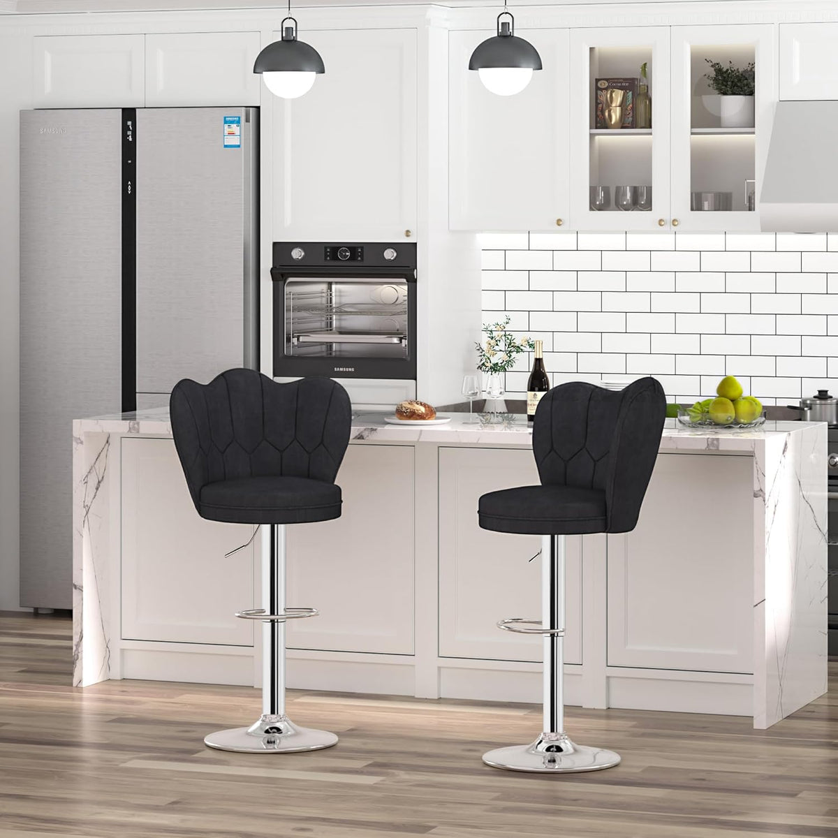 VECELO Bar Stools Set of 4, Adjustable Barstools with Back, Velvet Armless Counter Height Stool Kitchen Island Stool Swivel Bar Chairs for Pub Dining Room Living Room, Black