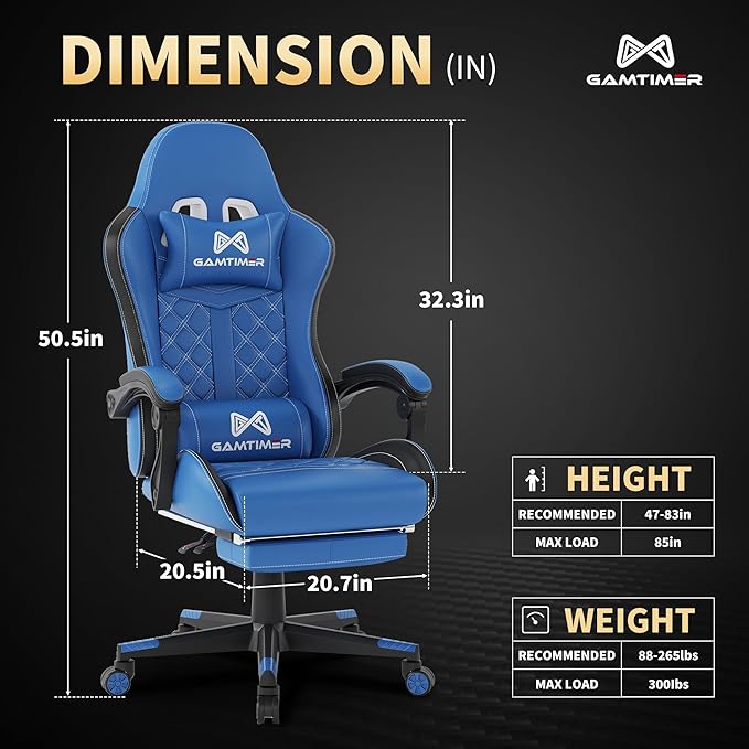 Gaming Chair, 400 lbs Adult Chair, High Back Computer Chair with Footrest and Linked Armrests, Office Video Game Chair with Lumbar Support (Blue)