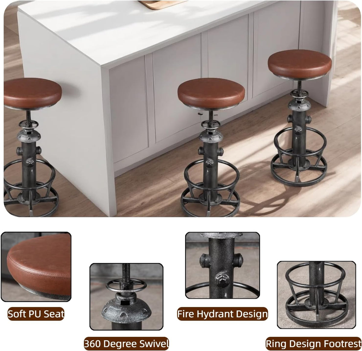 Industrial Swivel Bar Stools Kitchen Island Dining Chairs Pu Seat Bar Counter Height Adjustable 25-31inch