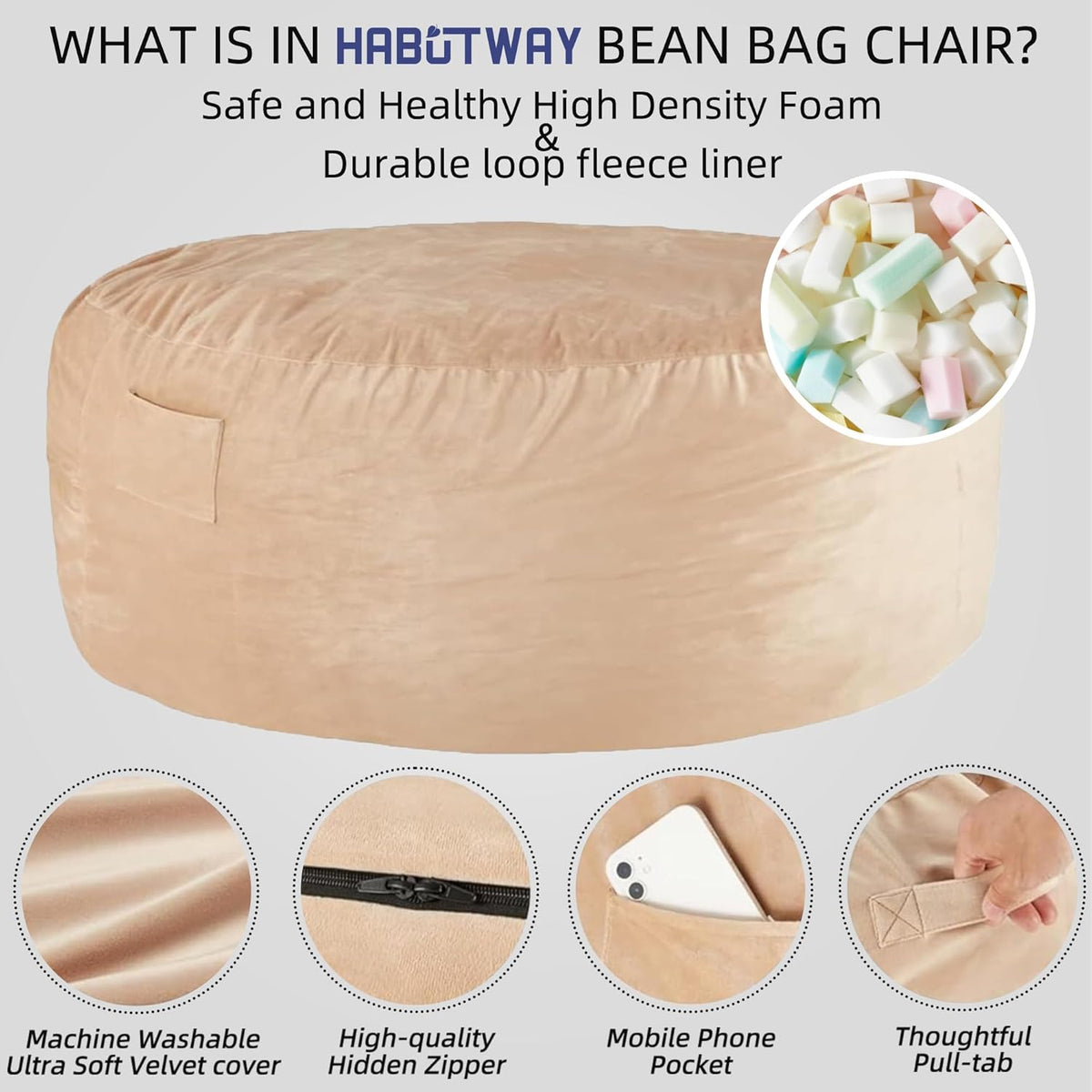 HABUTWAY Bean Bag Chair: Giant 5' Memory Foam Furniture Bean Bag Chair with Microfiber Cover - 5Ft, Khaki