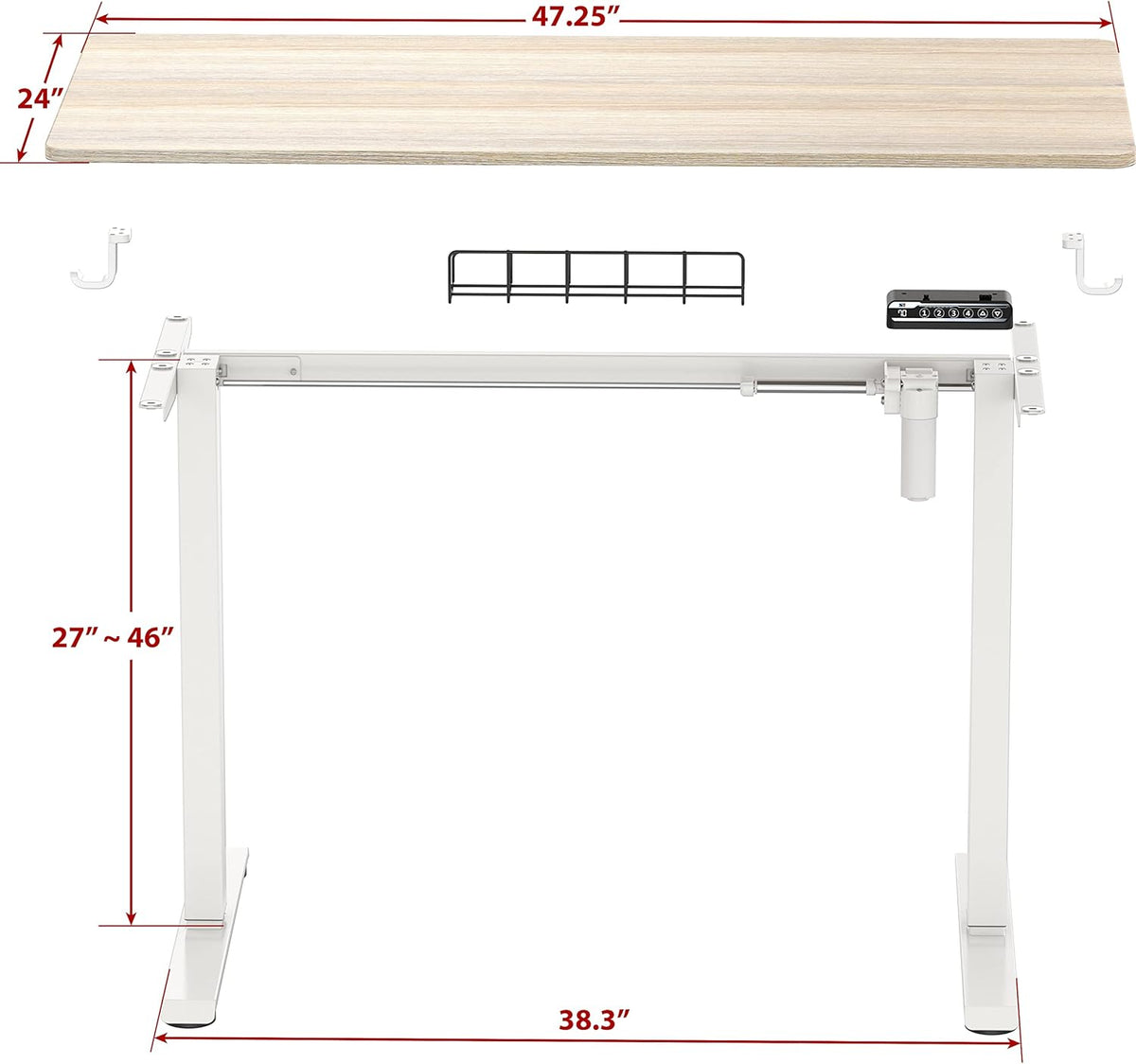 SHW 48-Inch Electric Height Adjustable Sit to Stand Desk with Hanging Hooks and Cable Management, White Frame and Maple Top