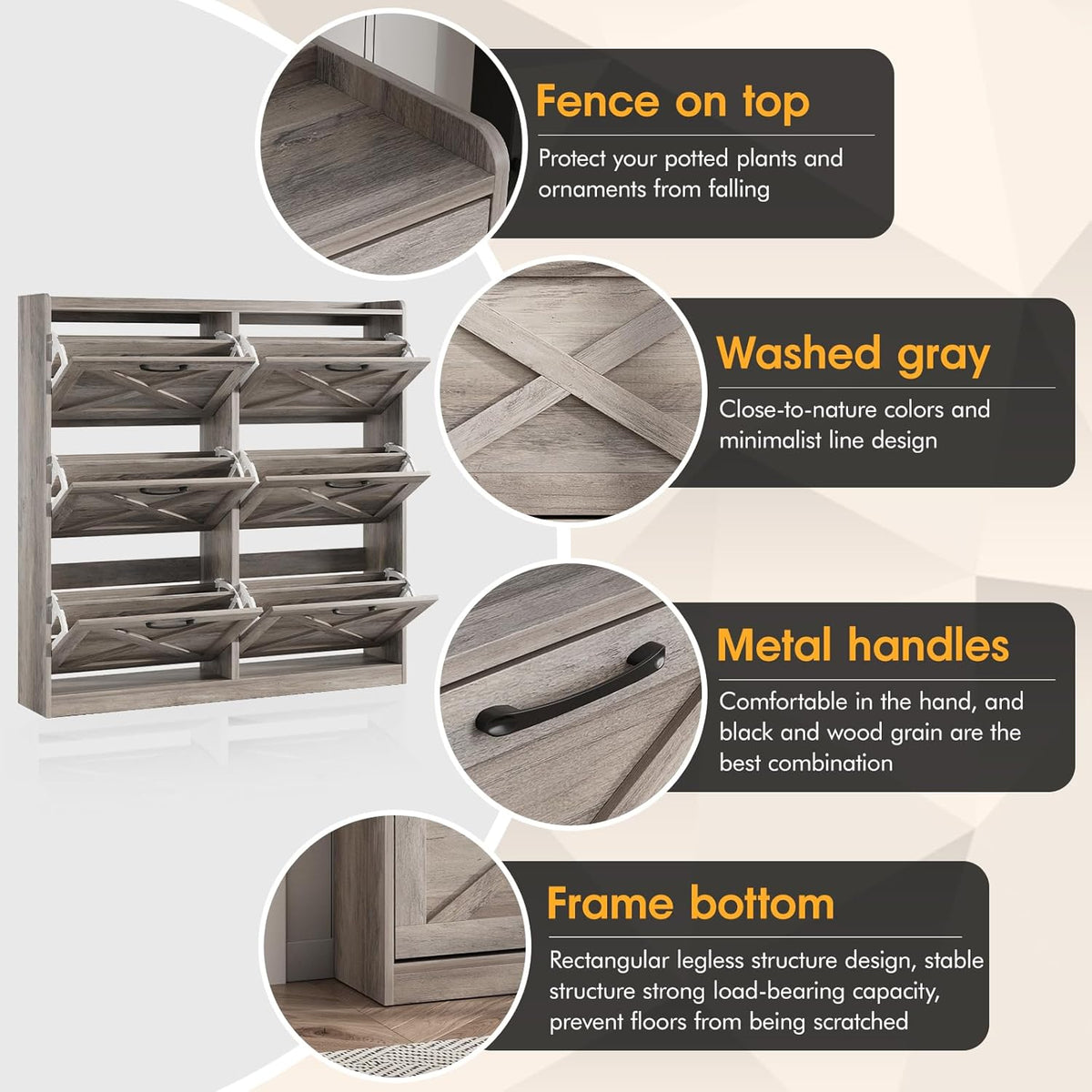 Maupvit Large Shoe Storage Cabinet with 6 Flip Drawers, Freestanding Shoe Organizer with Metal Handles for Entryway, Narrow Shoe Rack Cabinet, Washed Gray