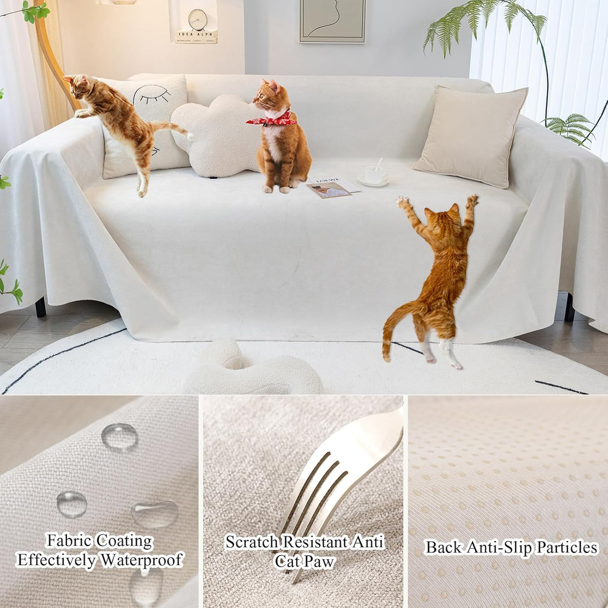 STACYPIK Waterproof White Sofa Cover, Anti-Scratch Pet Sofa Cover for 3 Cushion Couch, Washable Furniture Protector, Loveseat Slipcover for Sectional, Multi-use Couch Cover for L-Shaped-71X134IN