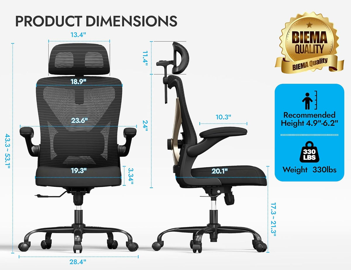Ergonomic Office Chair-Mesh Computer Desk Chair Comfy, High-Back Gaming Chairs with 3D Headrest & Lumbar Support, Executive Task Chair for Adults, Comfortable for Long Hours