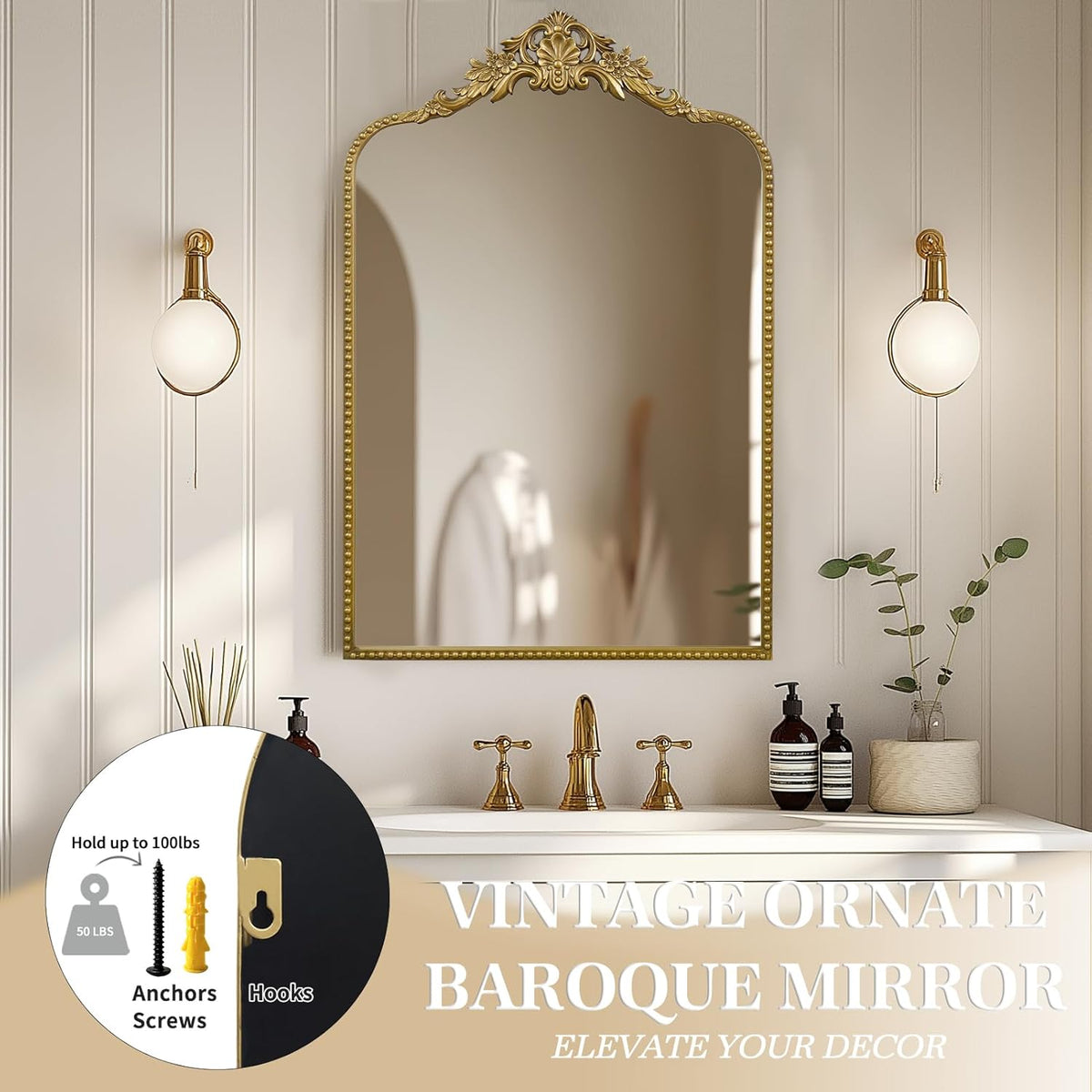 G-LEAF Vintage Baroque Full Length Floor Mirror 30"X48", Victorian Antique Mirror with Black Brush Gold Ornate Metal Frame for Fireplace Entryway Living Room Hallway Bathroom