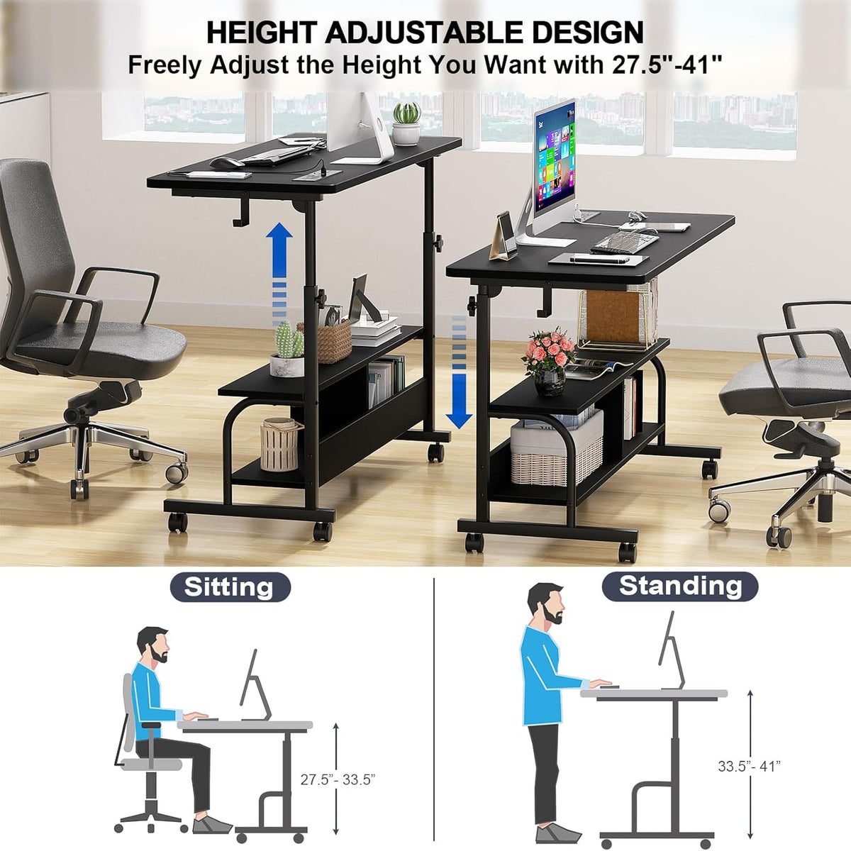Armocity Height Adjustable Standing Desk with Power Outlets, 47" Manual Stand Up Desk with Storage Shelves Small Mobile Rolling Computer Desk Portable Laptop Table with Wheels for Home Office, Black