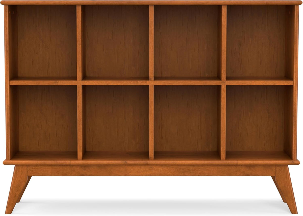 SIMPLIHOME Draper Console Table - 57 Inch Wide Solid Hardwood 8-Cube Sofa Table in Teak Brown, Mid-Century Modern Bookcase for Entryway or Living Room with 8 Open Storage Cubbies and Tapered Legs