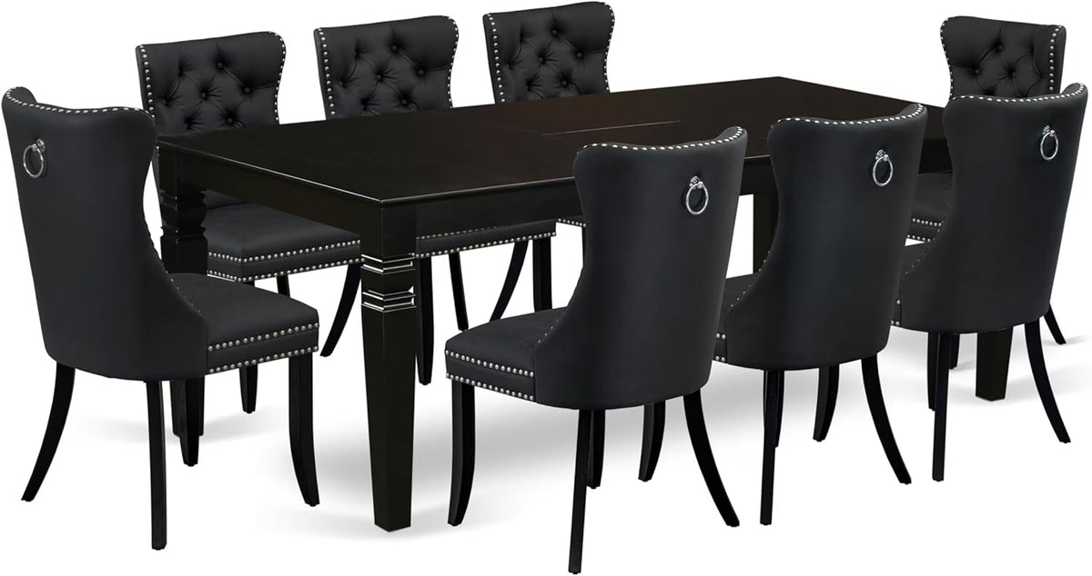 East West Furniture LGDA9-BLK-12 9 Piece Dining Table Set Consists of a Rectangle Kitchen Table with Butterfly Leaf and 8 Polyester Fabric Parson Chairs, 42x84 Inch, Black