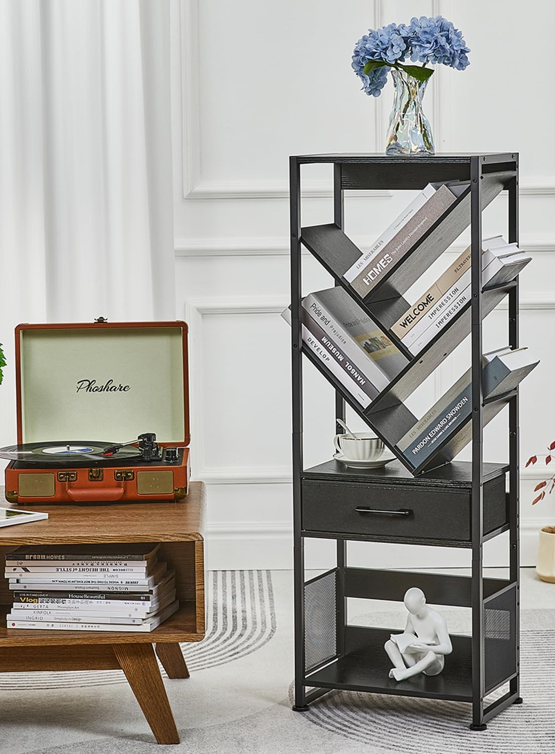 Bookshelf with Drawer,8 Tier Tree Bookcase Retro Floor Standing Bookshelves,Tall Wood Bookcases with Cabinet Storage Organizer for Living Room, Bedroom & Home Office, Black