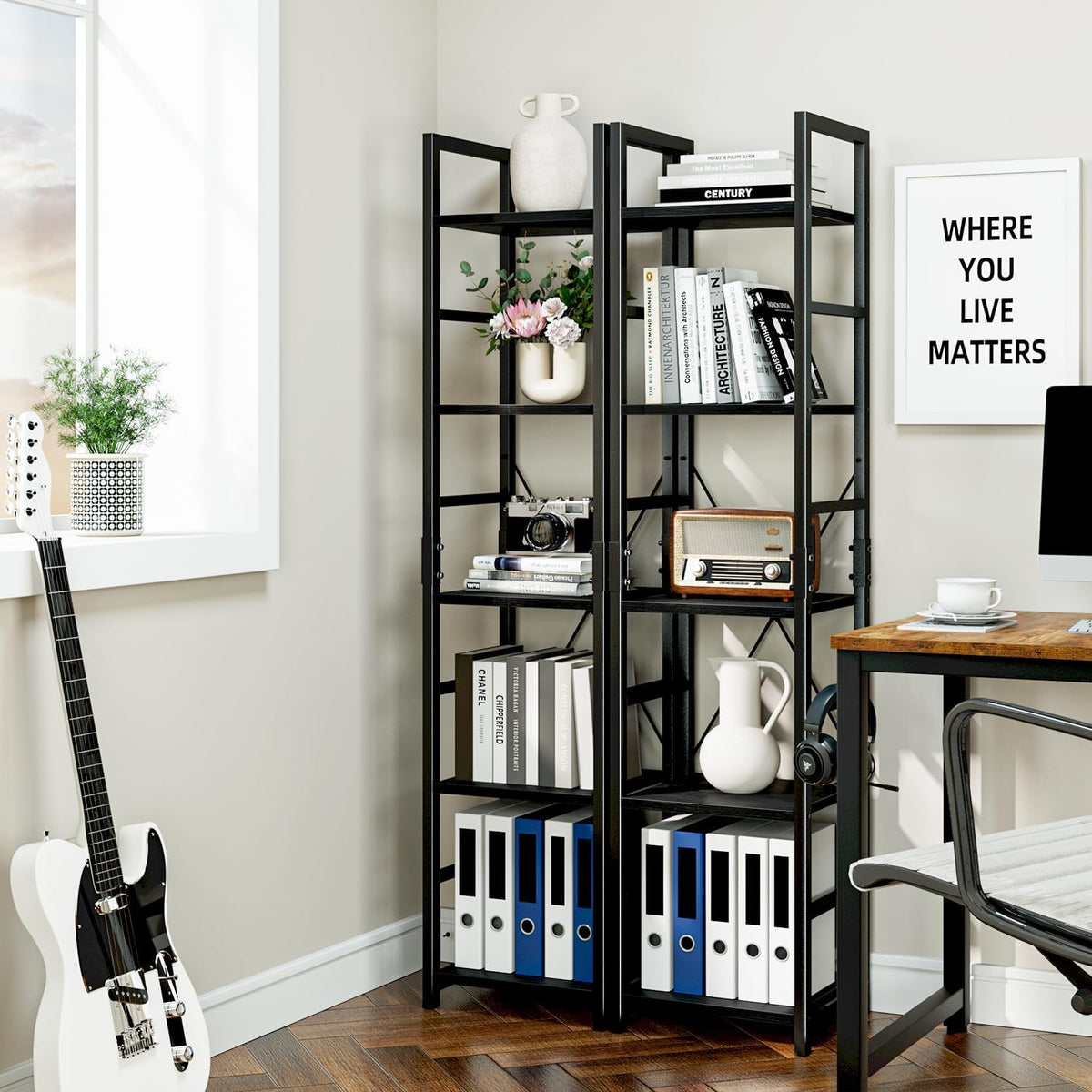 NUMENN 5 Tier Slim Bookshelf, Tall Bookcase Shelf Storage Organizer, Modern Book Shelf for Bedroom, Living Room and Home Office, Black