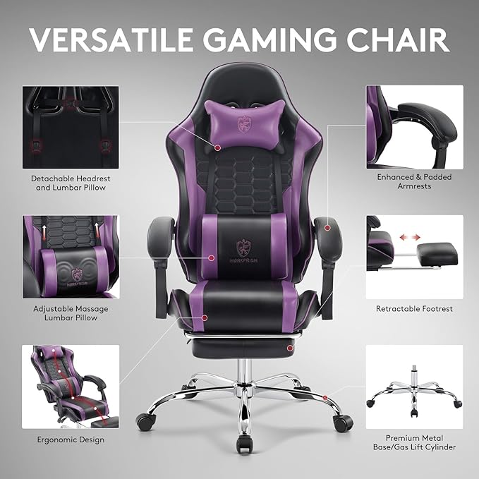 Gaming Chair,Computer Office Chair with Footrest,Massage Lumbar Support and Gel Pad,Ergonomic Reclining Adjustable Leather Gamer Chair with Headrest and Spring Cushion Purple