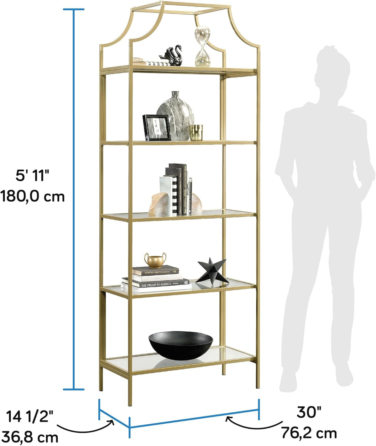 Sauder International Lux Bookcase/ book shelf, Satin Gold finish