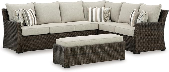 Signature Design by Ashley Brook Ranch Casual Nuvella Weather Resistant Fabric Right Hand Facing Outdoor Sofa Sectional/Bench with Cushion and 6 Throw Pillows, Set of 3, Beige & Dark Brown