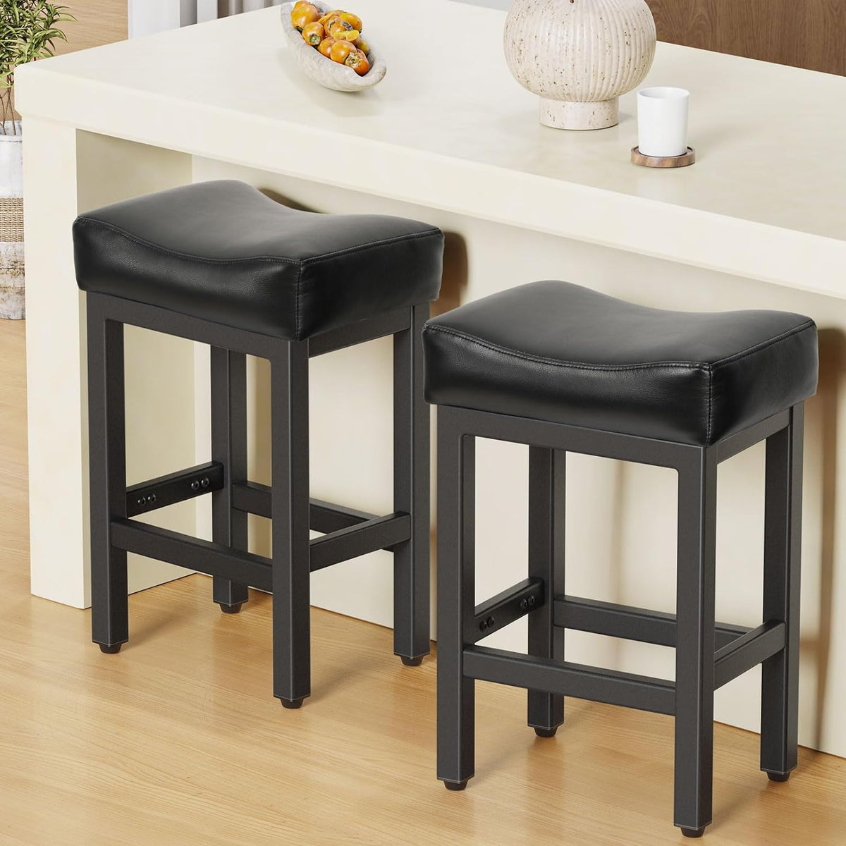 Counter Height Bar Stools Set of 2, 24 Inch Barstools for Kitchen Island Counter, Bonded Leather Kitchen Stools with Thick Saddle Seats & Heavy Duty Metal Base, Easy Assembly, All Black