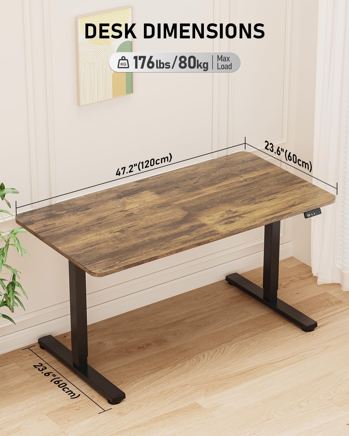 Electric Standing Desk, Large Height Adjustable Stand up Desk, 48 x 24 Inches Sit Stand Home Office Desk, with Splice Board, Black Frame/Rustic Brown Top