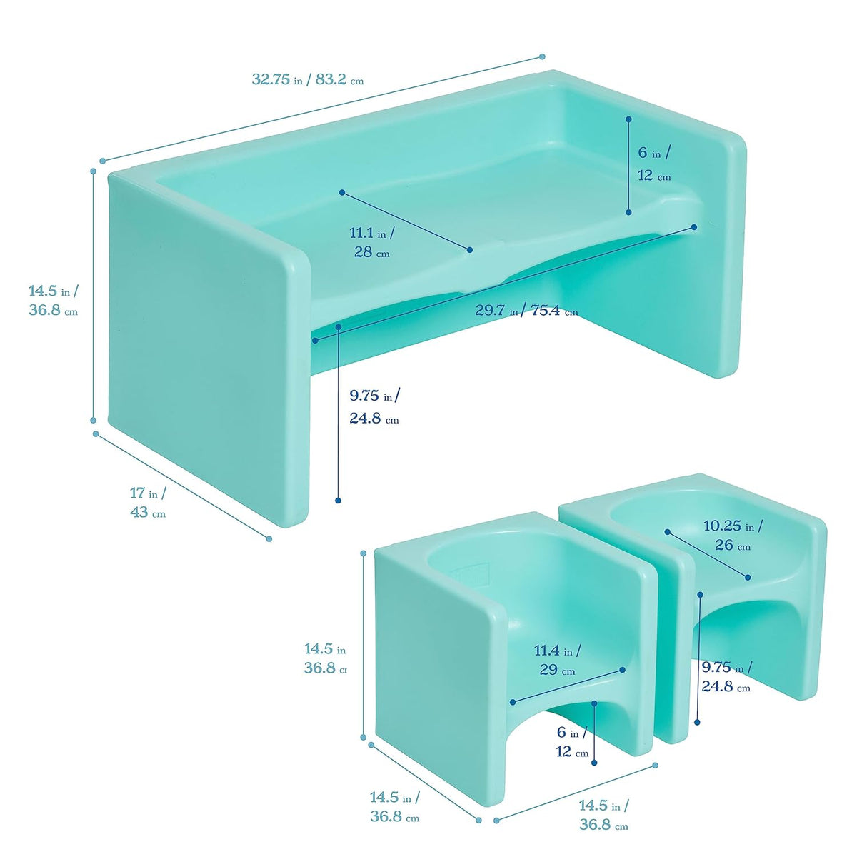 ECR4Kids Tri-Me Table and Cube Chair Set, Multipurpose Furniture, Aqua, 3-Piece