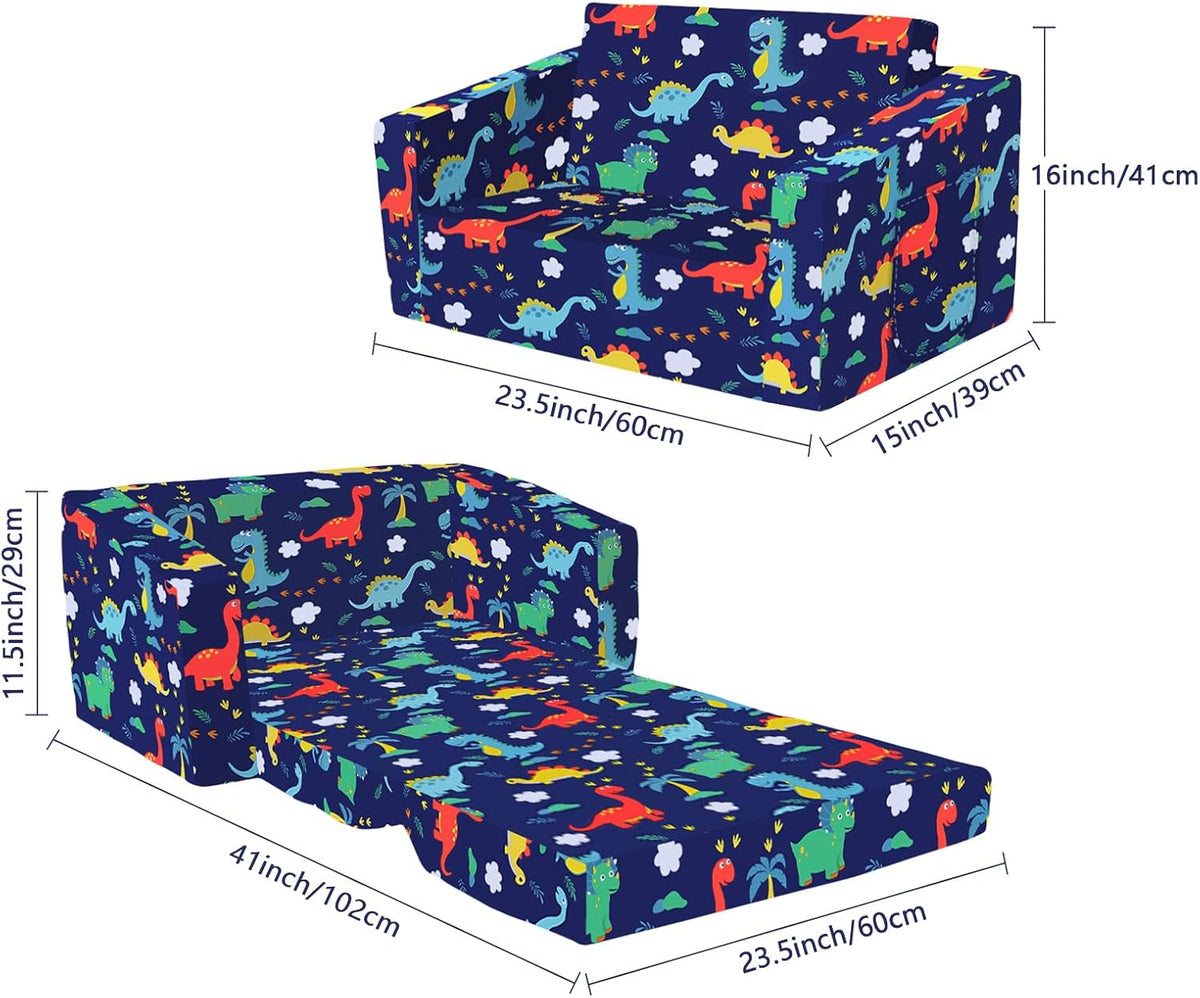 Kids Couch Convertible Sofa to Lounger for Toddler Boy, Foldable 2-in-1 Kids Sofa Bed, Toddler Chairs Comfy for Bedroom Playroom, Blue Dinosaur