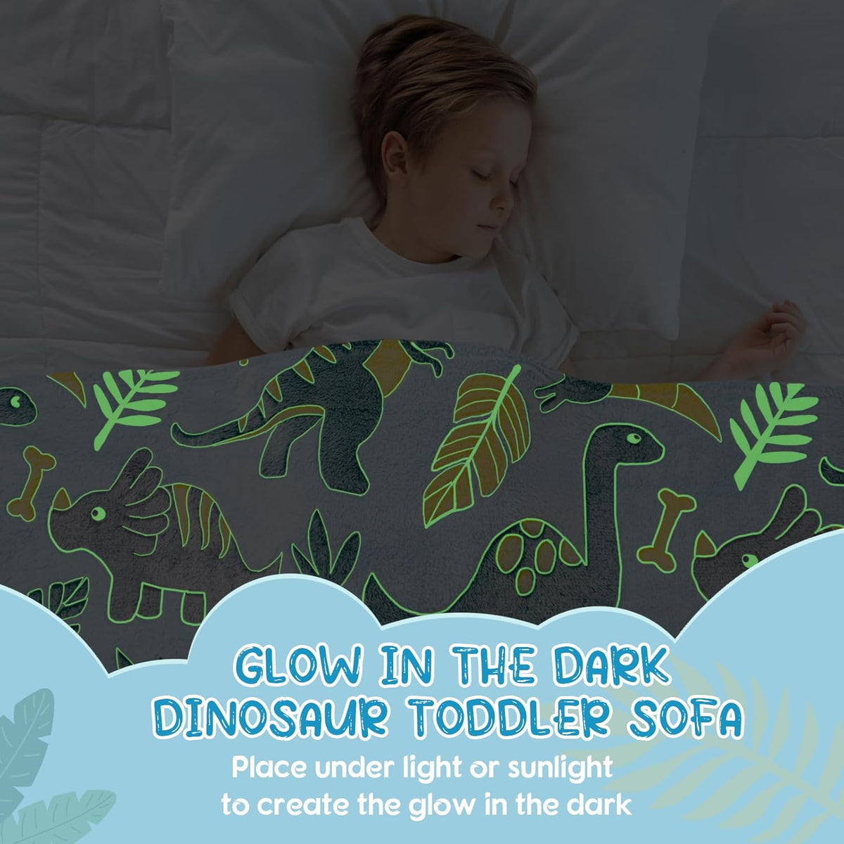 Comfy Toddler Chair and Couch for Kids with Blanket,2-in-1 Soft Plush Fold Out Toddler Couch for Girls and Boys,Convertible Sofa to Lounger for Playroom,Glowing Dinosaur