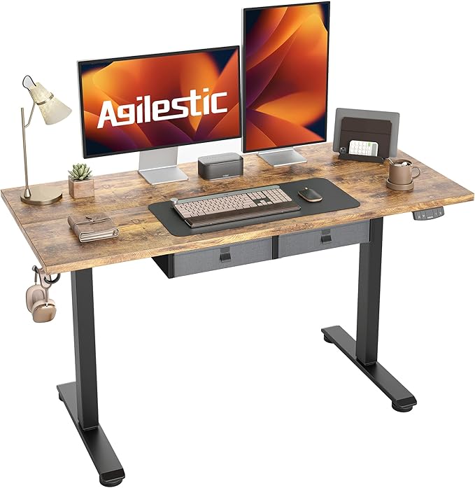 Agilestic Height Adjustable Desk with 2 Drawers, 55 x 24 Inches Electric Standing Desk, Stand up Computer Table with Memory Preset, for Work Office Home, Dark Brown