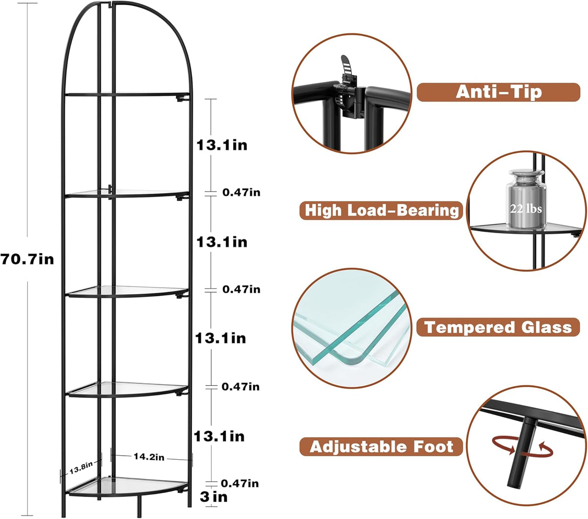 Crofy Foldable 5 Tier Corner Shelf, Metal Corner Plant Stand with Black Frame and Transparent Shelves, Corner Display Rack Multipurpose Shelving Unit for Living Room, Bedroom, Bathroom