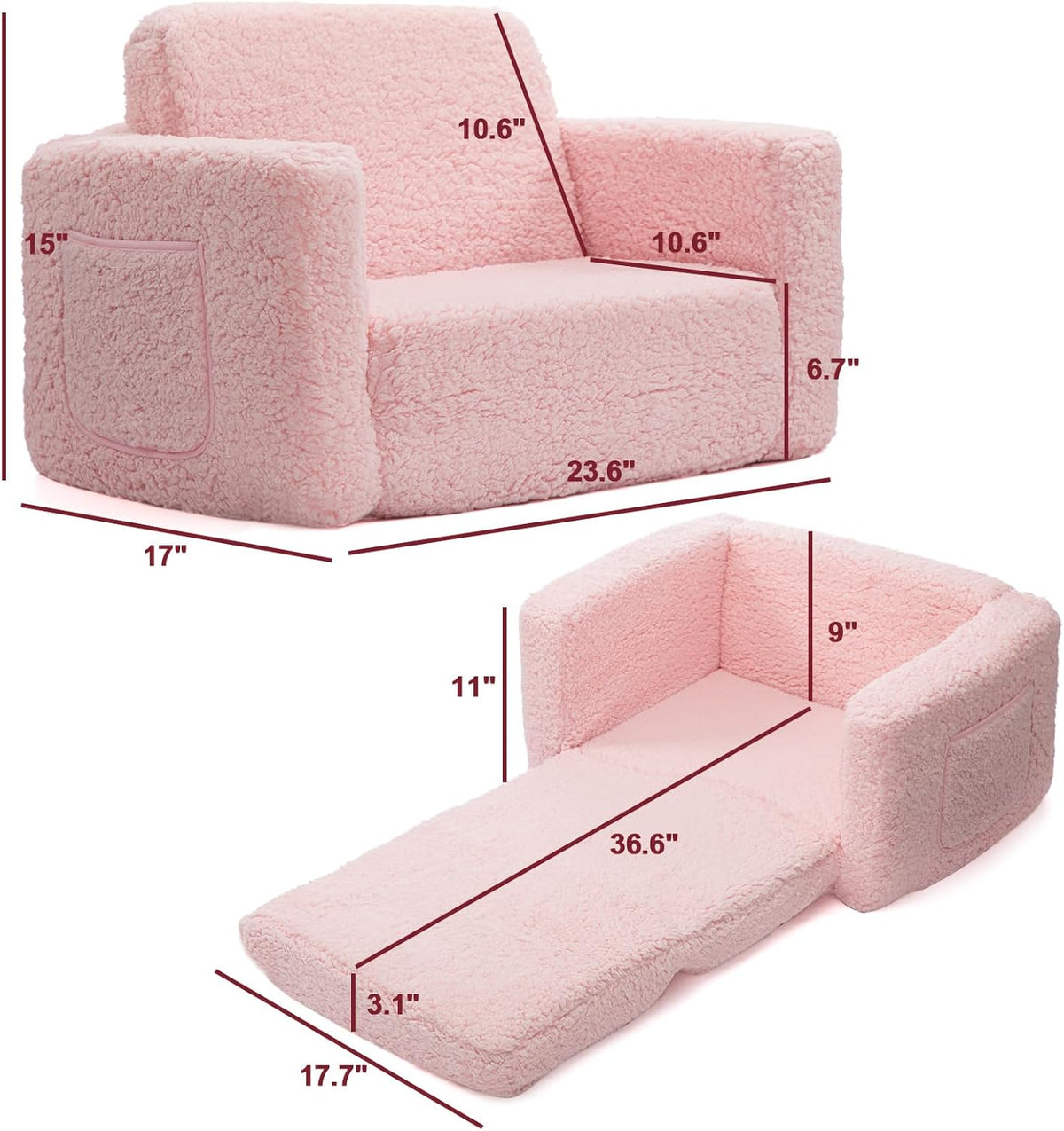 ALIMORDEN 2-in-1 Flip Out Cuddly Sherpa Toddler Couch Convertible Sofa to Lounger, Pink